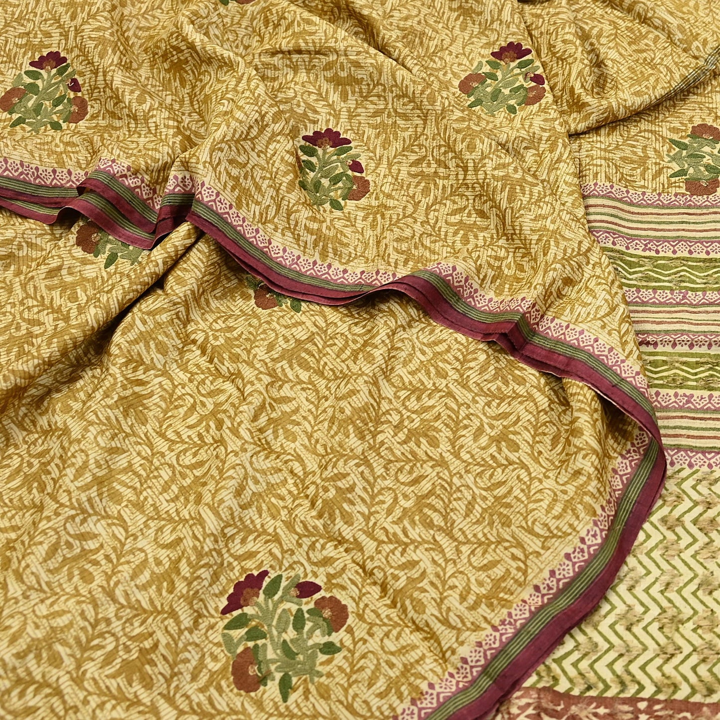 Vintage Ivory & Green Pure Khadi Silk Saree 5Yd Handloom Indian Sari Soft Fabric Sustainable Craft Textile Boho Dressmaking Material