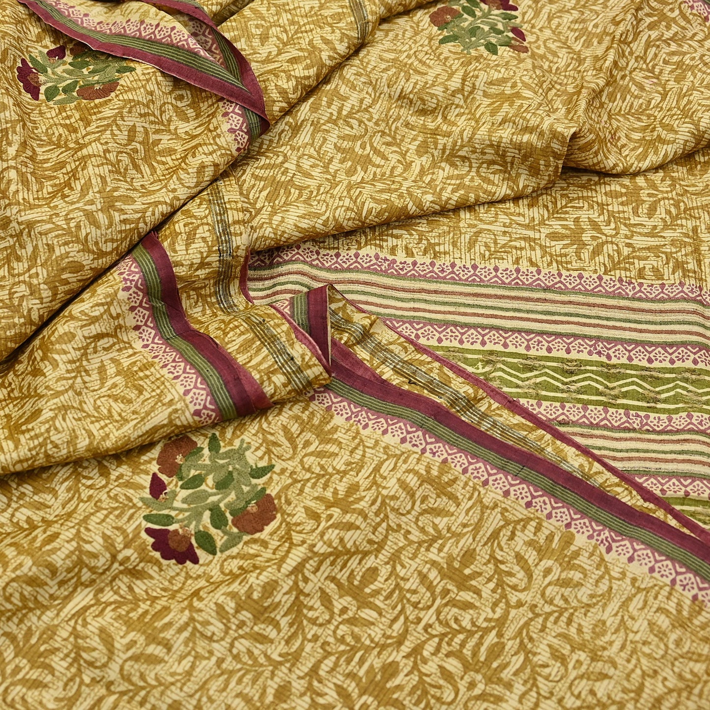 Vintage Ivory & Green Pure Khadi Silk Saree 5Yd Handloom Indian Sari Soft Fabric Sustainable Craft Textile Boho Dressmaking Material