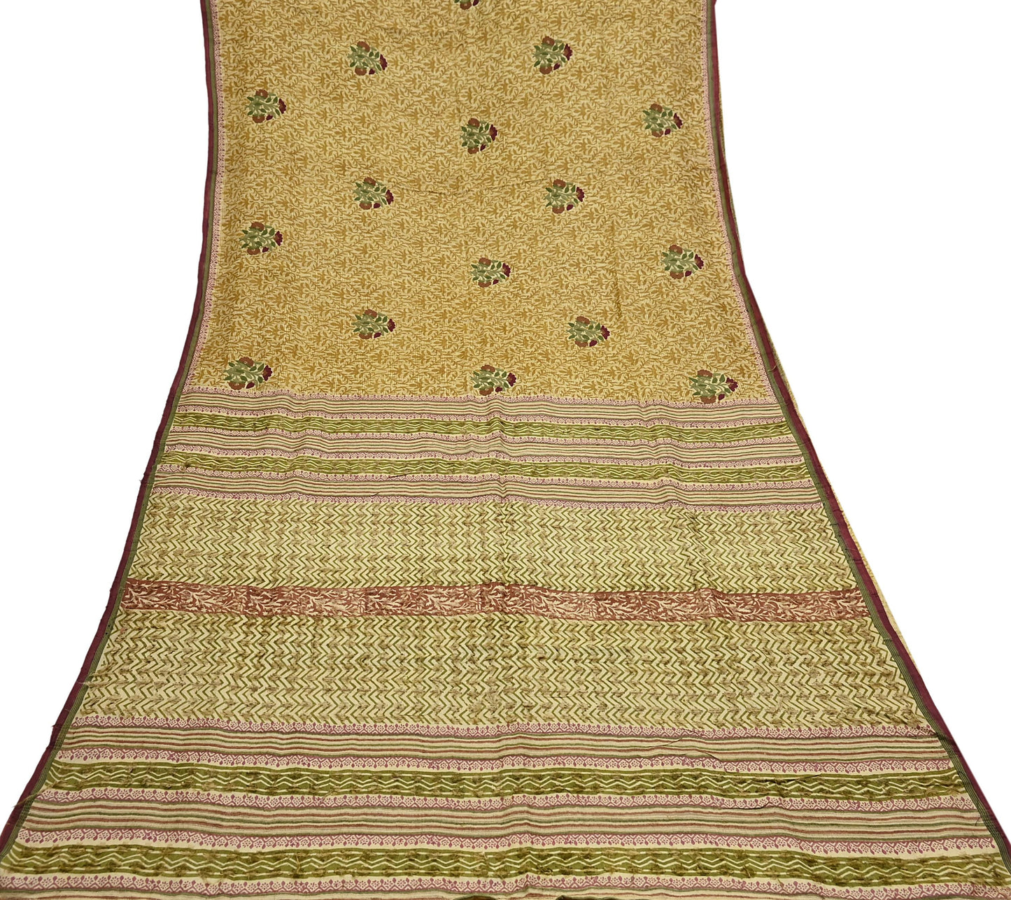 Vintage Ivory & Green Pure Khadi Silk Saree 5Yd Handloom Indian Sari Soft Fabric Sustainable Craft Textile Boho Dressmaking Material
