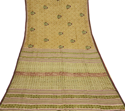 Vintage Ivory & Green Pure Khadi Silk Saree 5Yd Handloom Indian Sari Soft Fabric Sustainable Craft Textile Boho Dressmaking Material