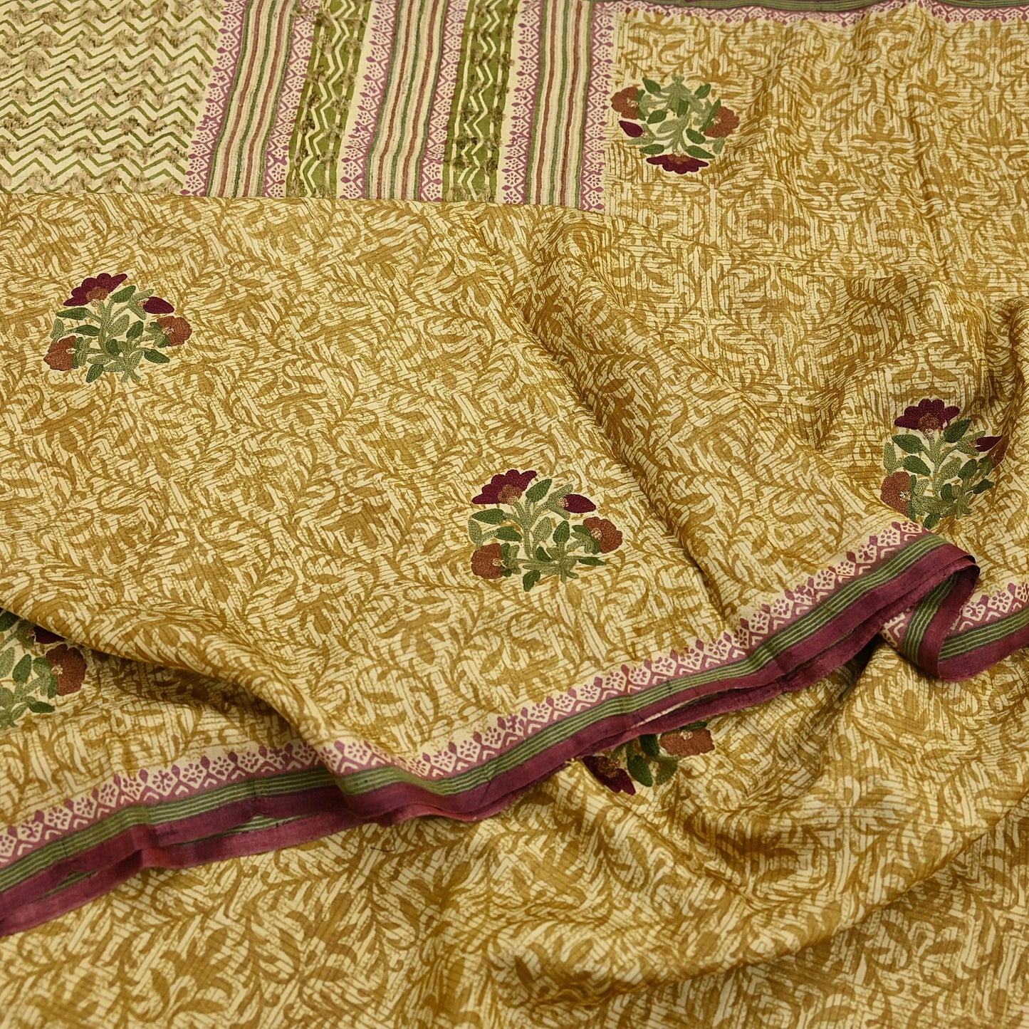 Vintage Ivory & Green Pure Khadi Silk Saree 5Yd Handloom Indian Sari Soft Fabric Sustainable Craft Textile Boho Dressmaking Material