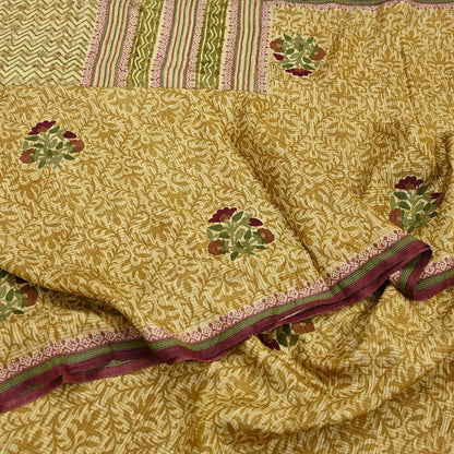 Vintage Ivory & Green Pure Khadi Silk Saree 5Yd Handloom Indian Sari Soft Fabric Sustainable Craft Textile Boho Dressmaking Material
