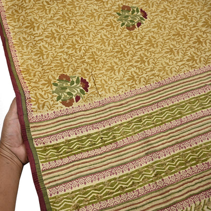 Vintage Ivory & Green Pure Khadi Silk Saree 5Yd Handloom Indian Sari Soft Fabric Sustainable Craft Textile Boho Dressmaking Material