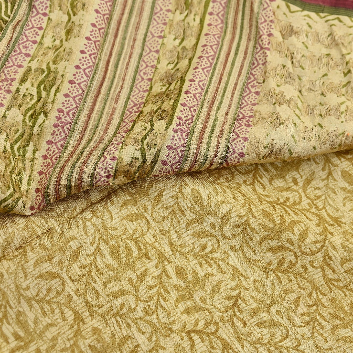 Vintage Ivory & Green Pure Khadi Silk Saree 5Yd Handloom Indian Sari Soft Fabric Sustainable Craft Textile Boho Dressmaking Material