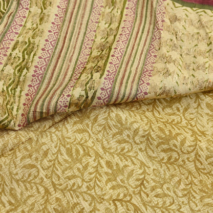 Vintage Ivory & Green Pure Khadi Silk Saree 5Yd Handloom Indian Sari Soft Fabric Sustainable Craft Textile Boho Dressmaking Material