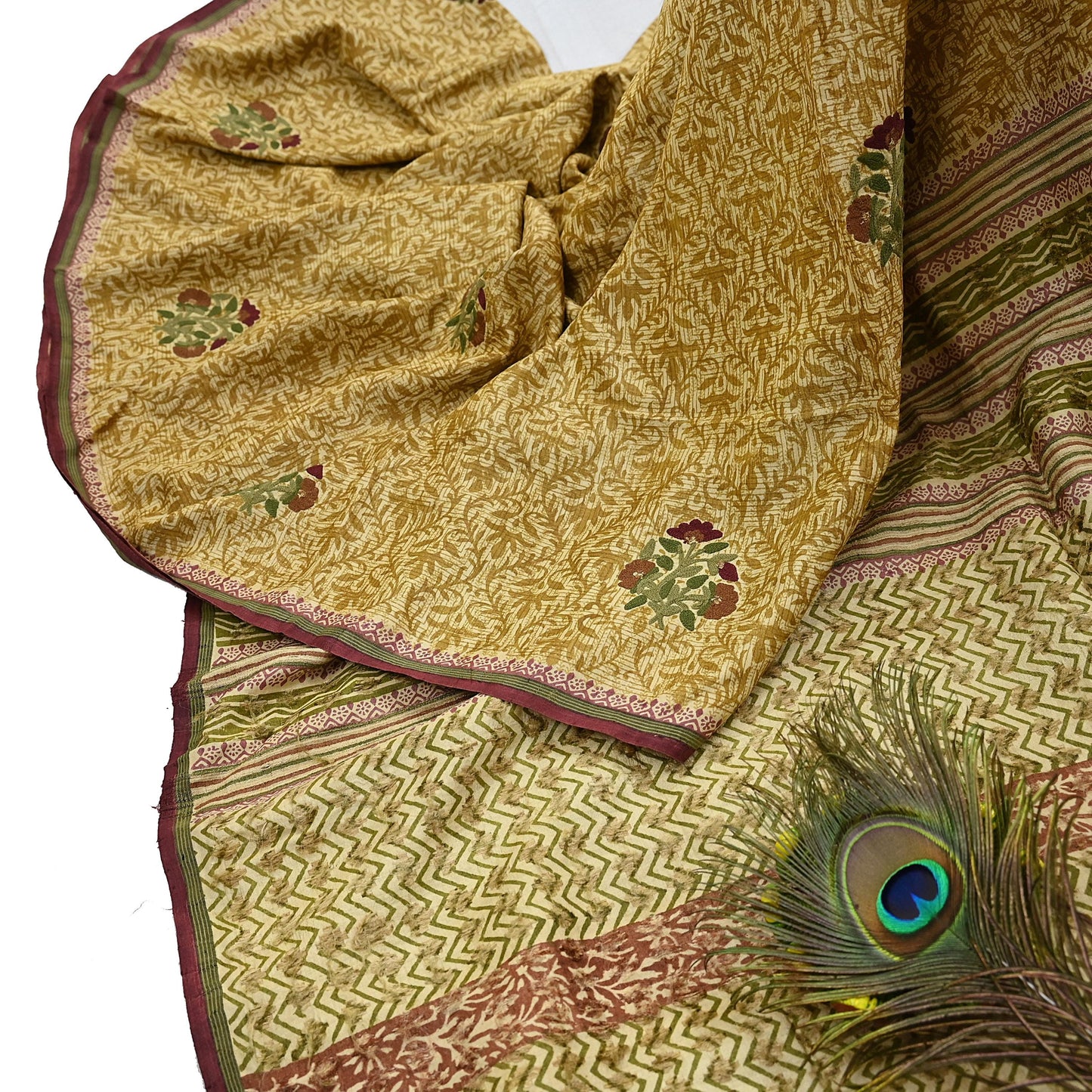 Vintage Ivory & Green Pure Khadi Silk Saree 5Yd Handloom Indian Sari Soft Fabric Sustainable Craft Textile Boho Dressmaking Material