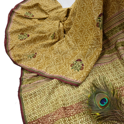 Vintage Ivory & Green Pure Khadi Silk Saree 5Yd Handloom Indian Sari Soft Fabric Sustainable Craft Textile Boho Dressmaking Material