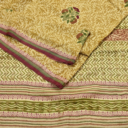 Vintage Ivory & Green Pure Khadi Silk Saree 5Yd Handloom Indian Sari Soft Fabric Sustainable Craft Textile Boho Dressmaking Material