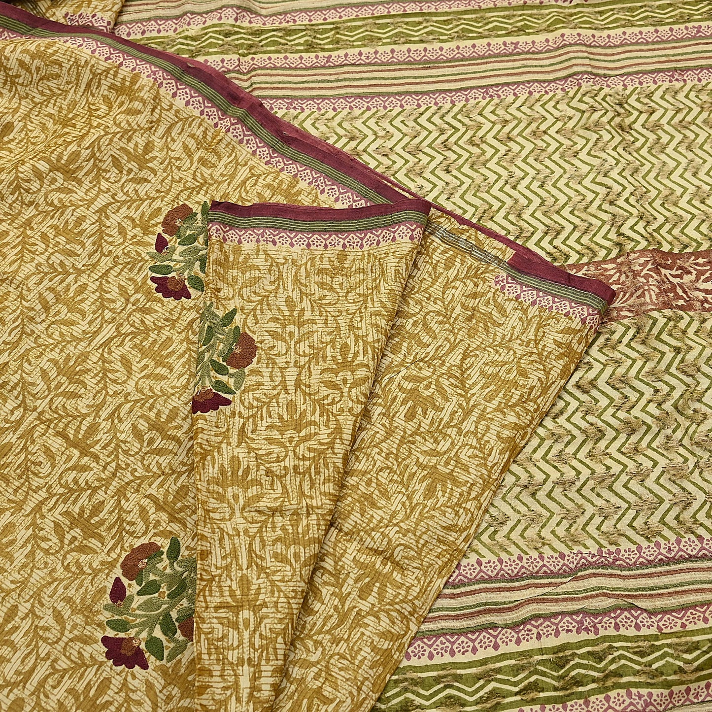 Vintage Ivory & Green Pure Khadi Silk Saree 5Yd Handloom Indian Sari Soft Fabric Sustainable Craft Textile Boho Dressmaking Material