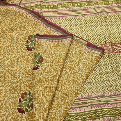Vintage Ivory & Green Pure Khadi Silk Saree 5Yd Handloom Indian Sari Soft Fabric Sustainable Craft Textile Boho Dressmaking Material