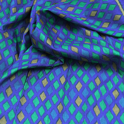 Vintage Blue & Green Khadi Silk Saree Handloom Pure Silk Printed Fabric 5Yd Indian Ethnic Craft Material Dressmaking Textile