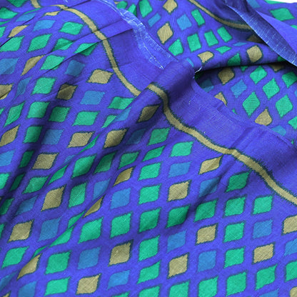 Vintage Blue & Green Khadi Silk Saree Handloom Pure Silk Printed Fabric 5Yd Indian Ethnic Craft Material Dressmaking Textile
