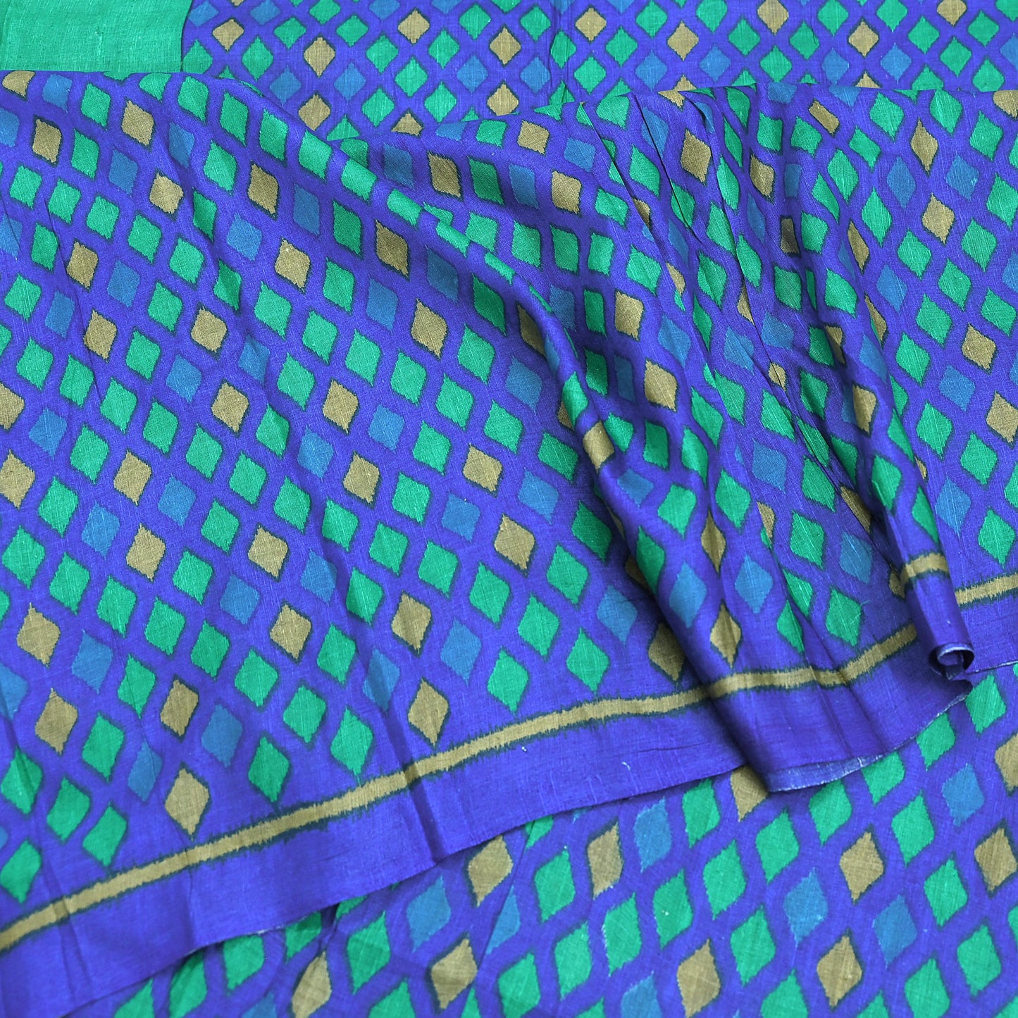 Vintage Blue & Green Khadi Silk Saree Handloom Pure Silk Printed Fabric 5Yd Indian Ethnic Craft Material Dressmaking Textile