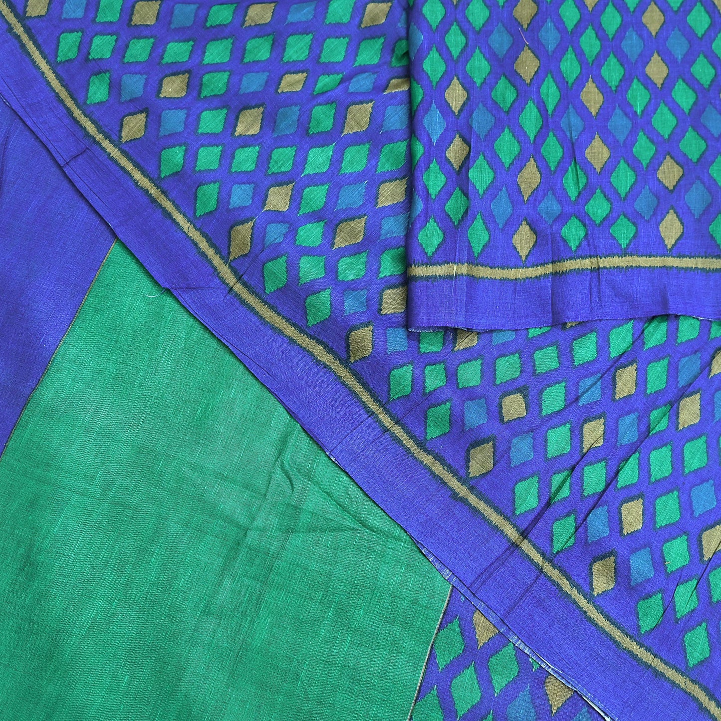Vintage Blue & Green Khadi Silk Saree Handloom Pure Silk Printed Fabric 5Yd Indian Ethnic Craft Material Dressmaking Textile