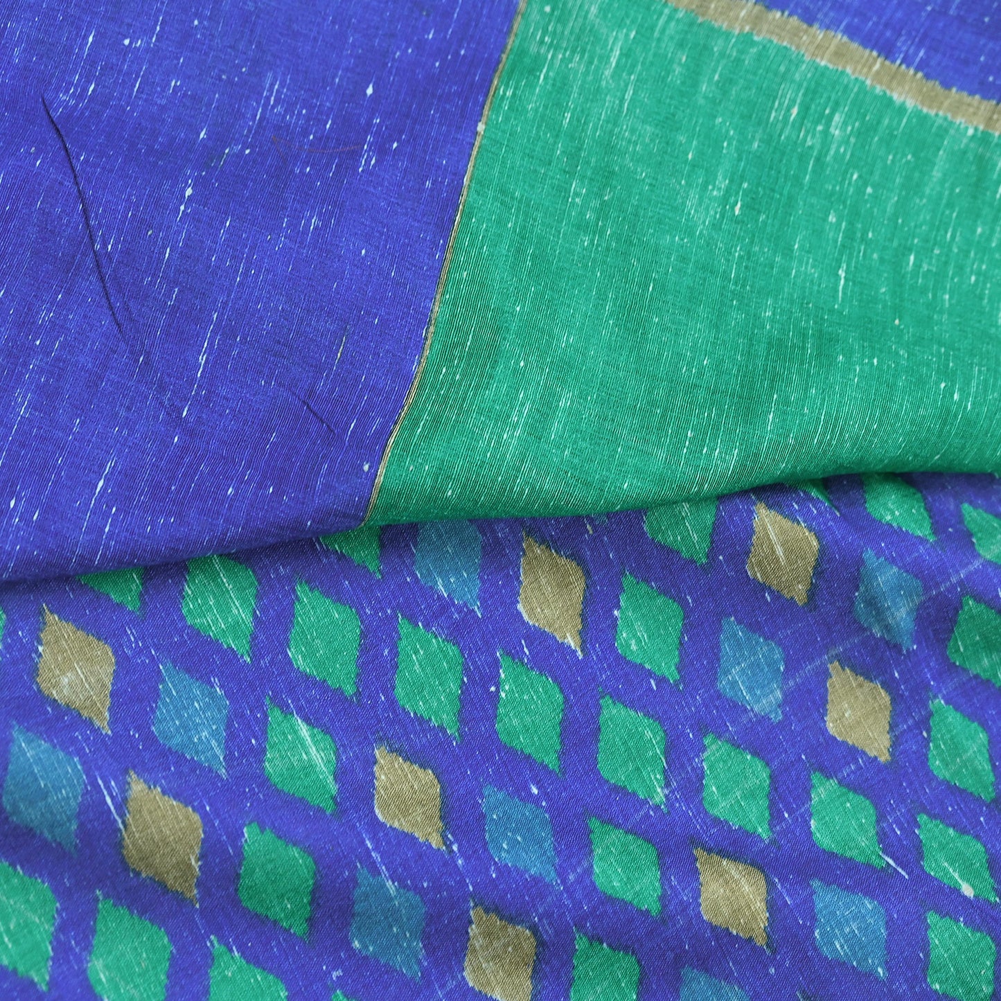 Vintage Blue & Green Khadi Silk Saree Handloom Pure Silk Printed Fabric 5Yd Indian Ethnic Craft Material Dressmaking Textile