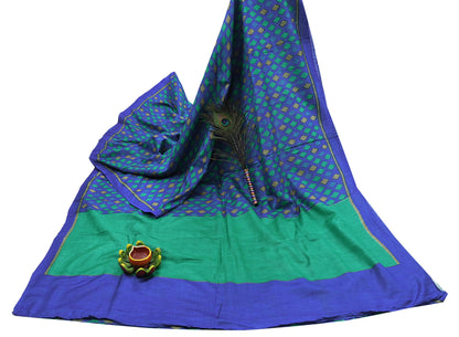 Vintage Blue & Green Khadi Silk Saree Handloom Pure Silk Printed Fabric 5Yd Indian Ethnic Craft Material Dressmaking Textile