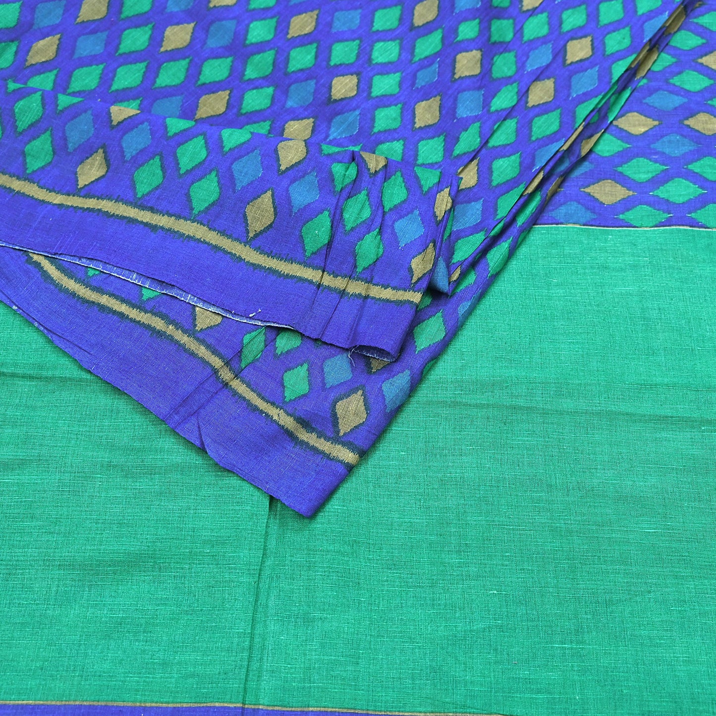 Vintage Blue & Green Khadi Silk Saree Handloom Pure Silk Printed Fabric 5Yd Indian Ethnic Craft Material Dressmaking Textile
