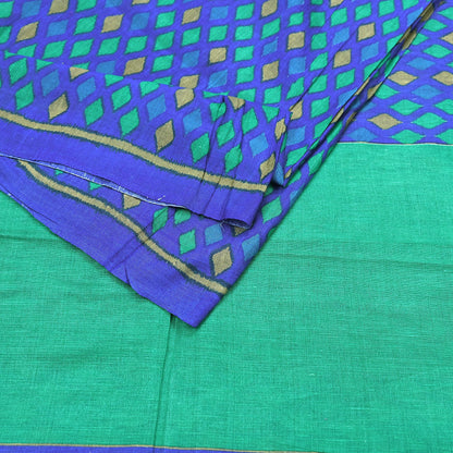 Vintage Blue & Green Khadi Silk Saree Handloom Pure Silk Printed Fabric 5Yd Indian Ethnic Craft Material Dressmaking Textile