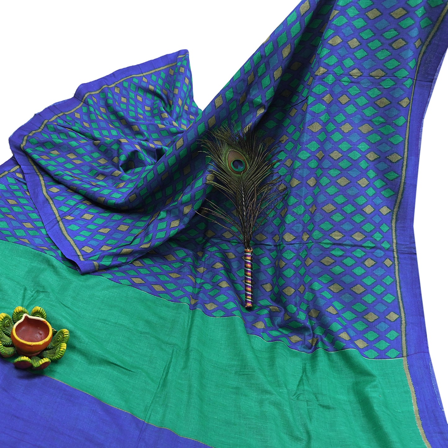 Vintage Blue & Green Khadi Silk Saree Handloom Pure Silk Printed Fabric 5Yd Indian Ethnic Craft Material Dressmaking Textile