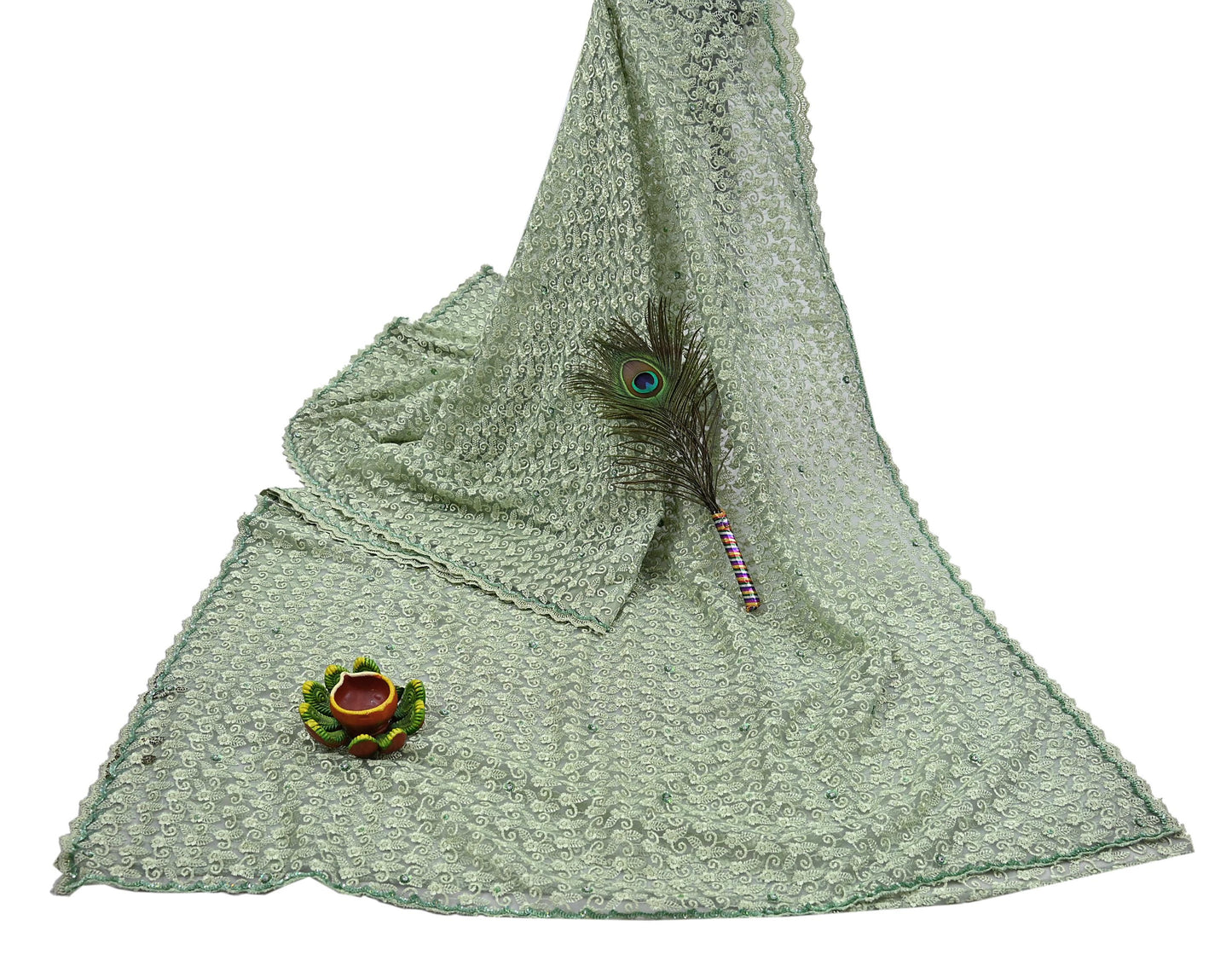 Indian Vintage Heavy Sari Green Net/Mesh Embroidered Sarees 5Yd Sewing Soft Floral Craft Fabric Dress making Crafting Bollywood sari