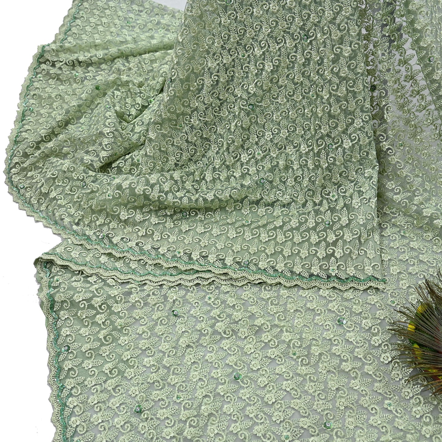 Indian Vintage Heavy Sari Green Net/Mesh Embroidered Sarees 5Yd Sewing Soft Floral Craft Fabric Dress making Crafting Bollywood sari