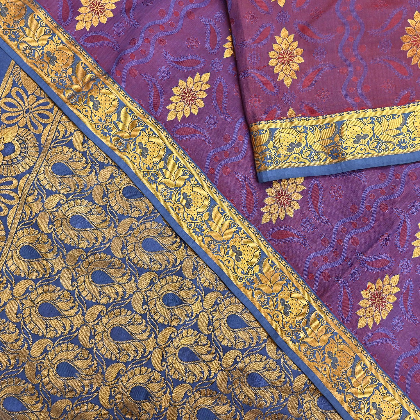 Indian Vintage Heavy Blue & maroon Kanjivaram Saree 100% Pure Silk Zari 5Yd Floral Dress making Crafting Quilting Bollywood Saree