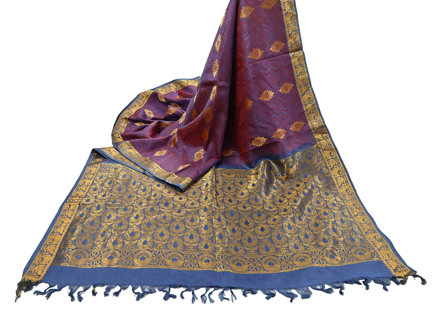 Indian Vintage Heavy Blue & maroon Kanjivaram Saree 100% Pure Silk Zari 5Yd Floral Dress making Crafting Quilting Bollywood Saree
