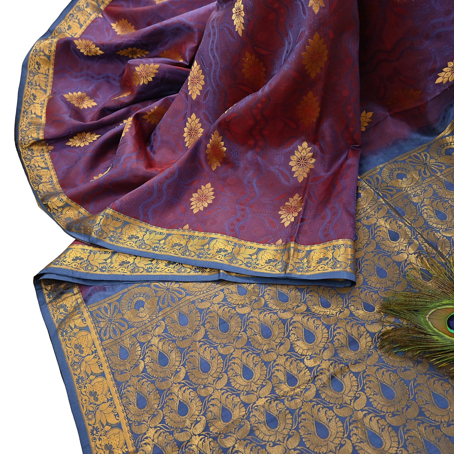 Indian Vintage Heavy Blue & maroon Kanjivaram Saree 100% Pure Silk Zari 5Yd Floral Dress making Crafting Quilting Bollywood Saree
