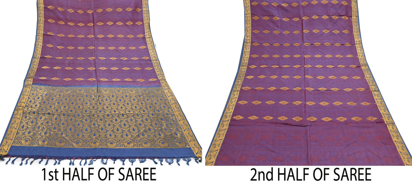 Indian Vintage Heavy Blue & maroon Kanjivaram Saree 100% Pure Silk Zari 5Yd Floral Dress making Crafting Quilting Bollywood Saree