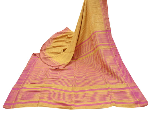 Indian Vintage Heavy Sari Yellow & Pink Pure Khadi Silk Handloom Saree Craft Fabric 5yd Ethnic Wear Dress making For Crafting Quilting