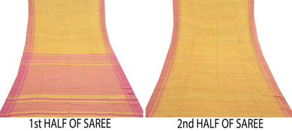 Indian Vintage Heavy Sari Yellow & Pink Pure Khadi Silk Handloom Saree Craft Fabric 5yd Ethnic Wear Dress making For Crafting Quilting