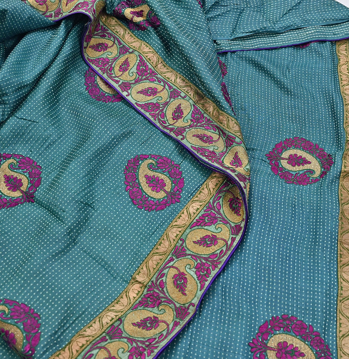 Indian Vintage Blue Saree Pure Khadi Silk Handloom Hand Beaded Sari Craft Fabric 5yd Ethnic Fringes Dress making Crafting Quilting Used