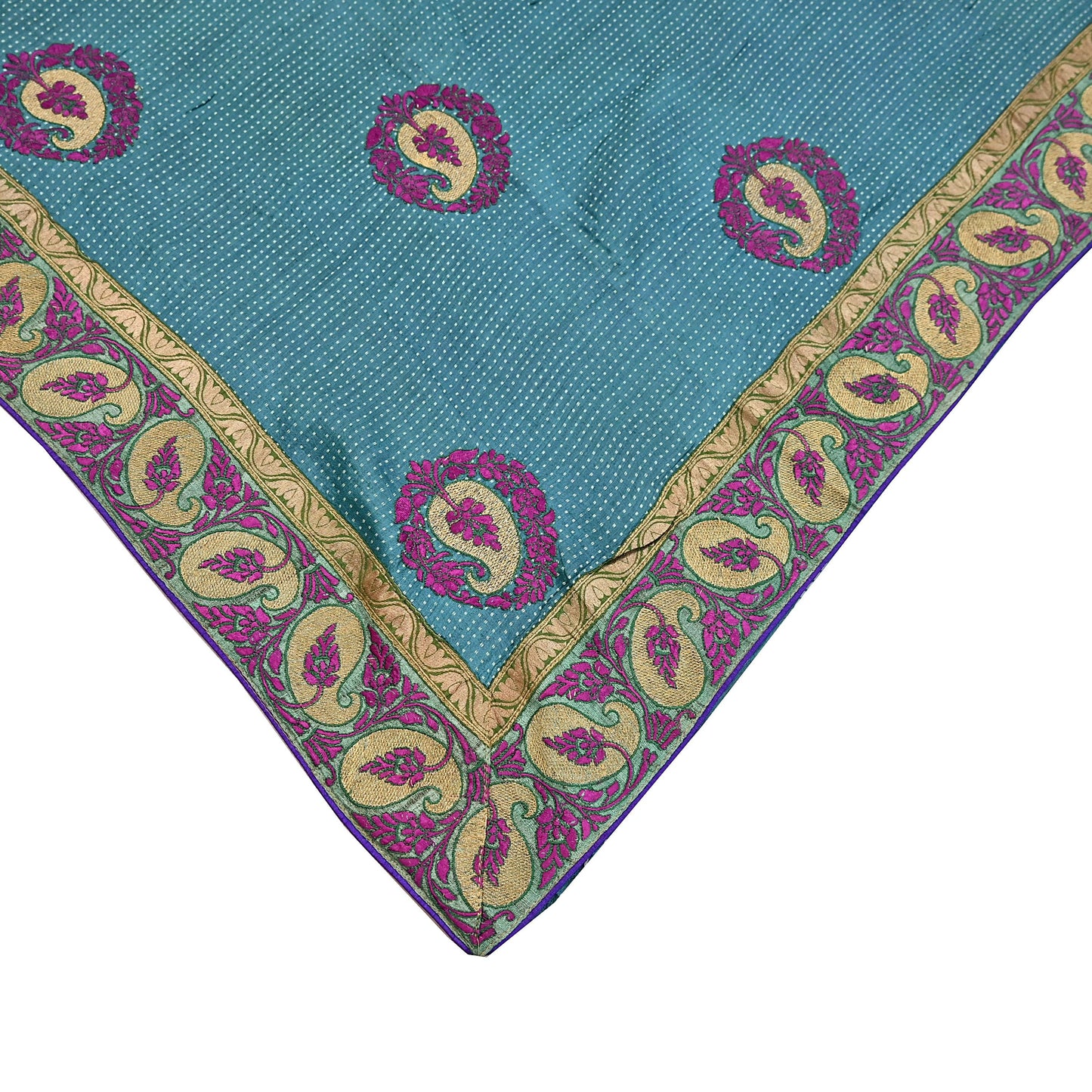 Indian Vintage Blue Saree Pure Khadi Silk Handloom Hand Beaded Sari Craft Fabric 5yd Ethnic Fringes Dress making Crafting Quilting Used