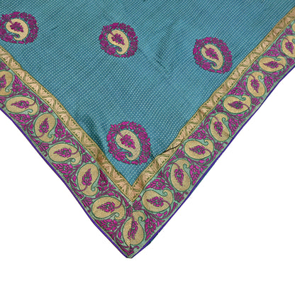 Indian Vintage Blue Saree Pure Khadi Silk Handloom Hand Beaded Sari Craft Fabric 5yd Ethnic Fringes Dress making Crafting Quilting Used