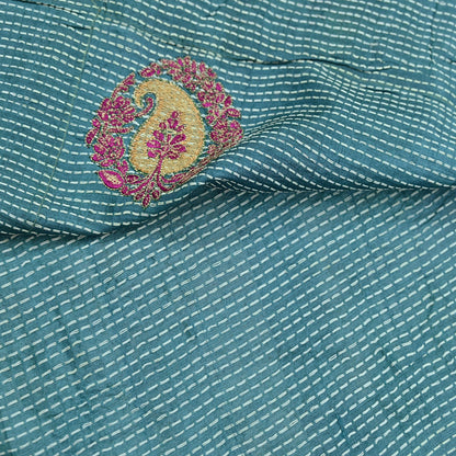 Indian Vintage Blue Saree Pure Khadi Silk Handloom Hand Beaded Sari Craft Fabric 5yd Ethnic Fringes Dress making Crafting Quilting Used