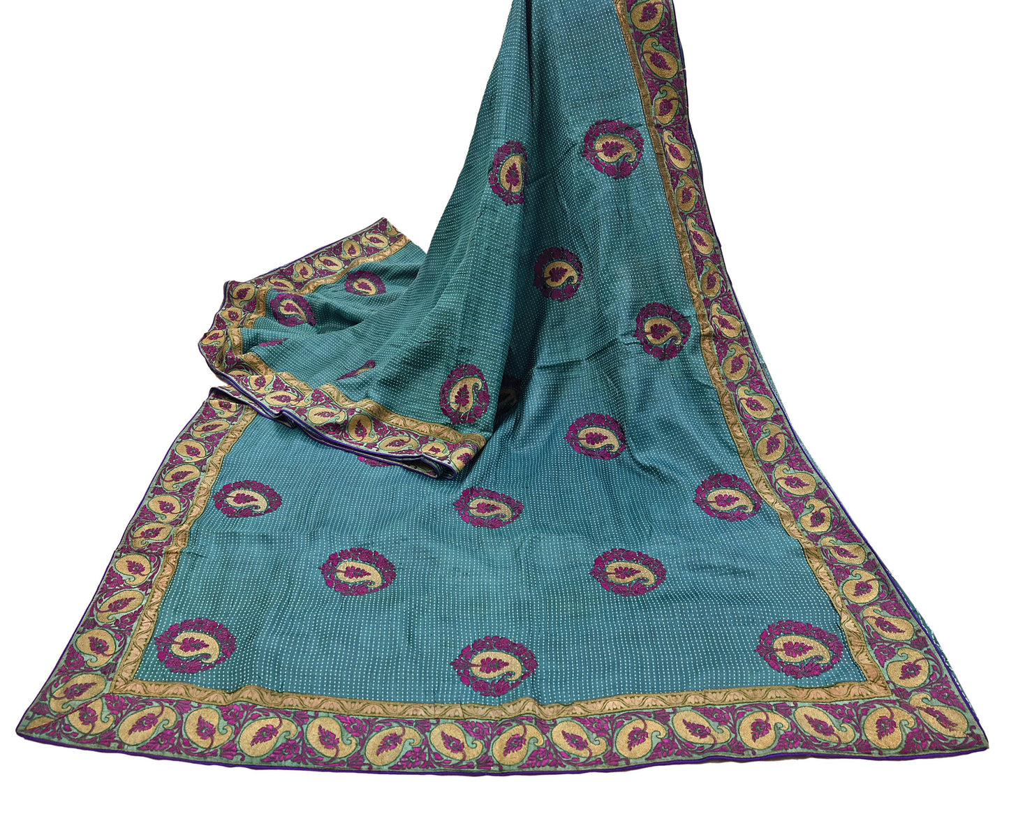 Indian Vintage Blue Saree Pure Khadi Silk Handloom Hand Beaded Sari Craft Fabric 5yd Ethnic Fringes Dress making Crafting Quilting Used