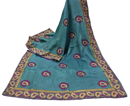Indian Vintage Blue Saree Pure Khadi Silk Handloom Hand Beaded Sari Craft Fabric 5yd Ethnic Fringes Dress making Crafting Quilting Used
