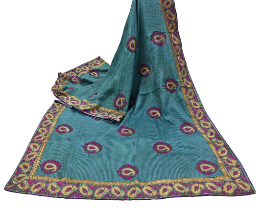 Indian Vintage Blue Saree Pure Khadi Silk Handloom Hand Beaded Sari Craft Fabric 5yd Ethnic Fringes Dress making Crafting Quilting Used