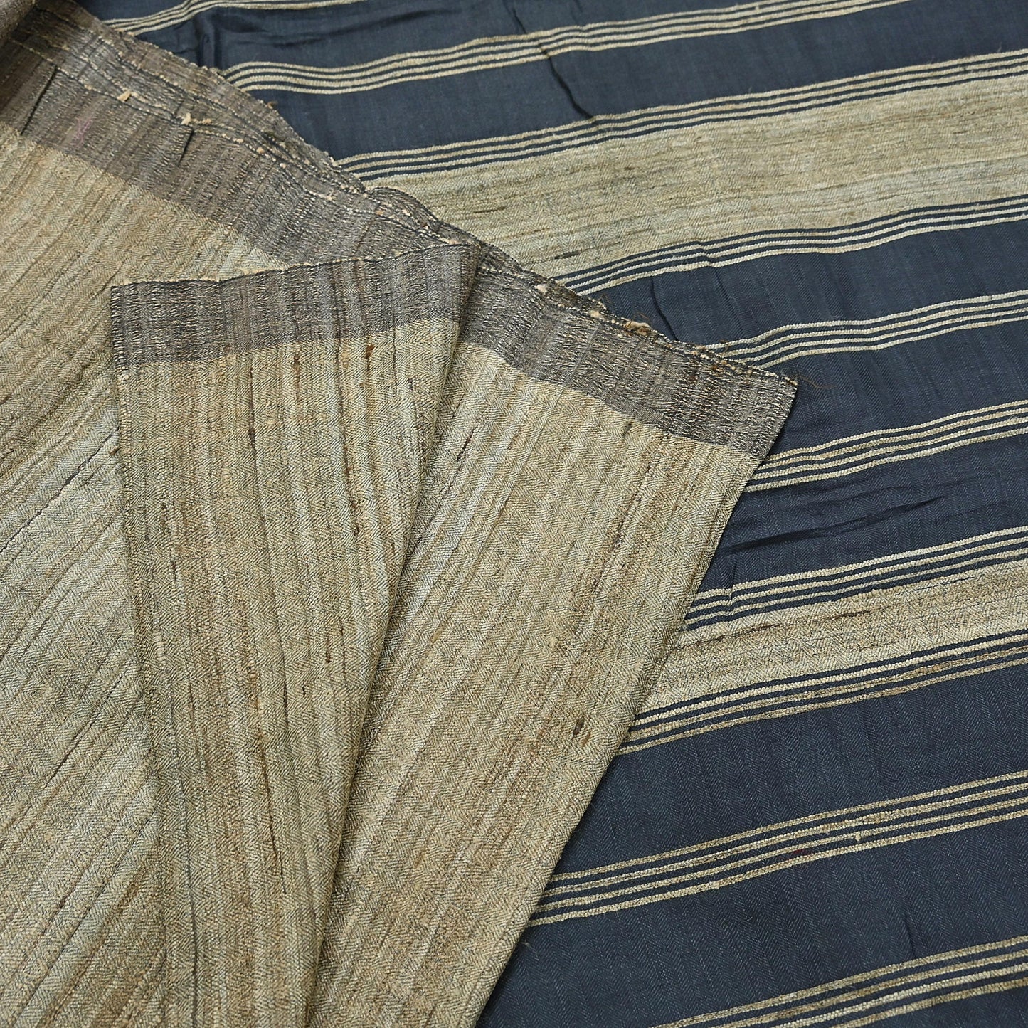 Indian Vintage Heavy Sari Beige & Black Pure Khadi Silk Handloom Saree Craft Fabric 5yd Ethnic Wear Dress making For Crafting Quilting