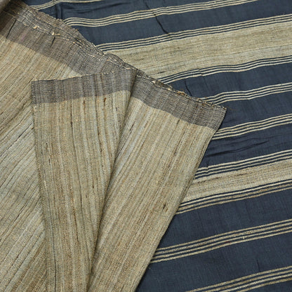 Indian Vintage Heavy Sari Beige & Black Pure Khadi Silk Handloom Saree Craft Fabric 5yd Ethnic Wear Dress making For Crafting Quilting