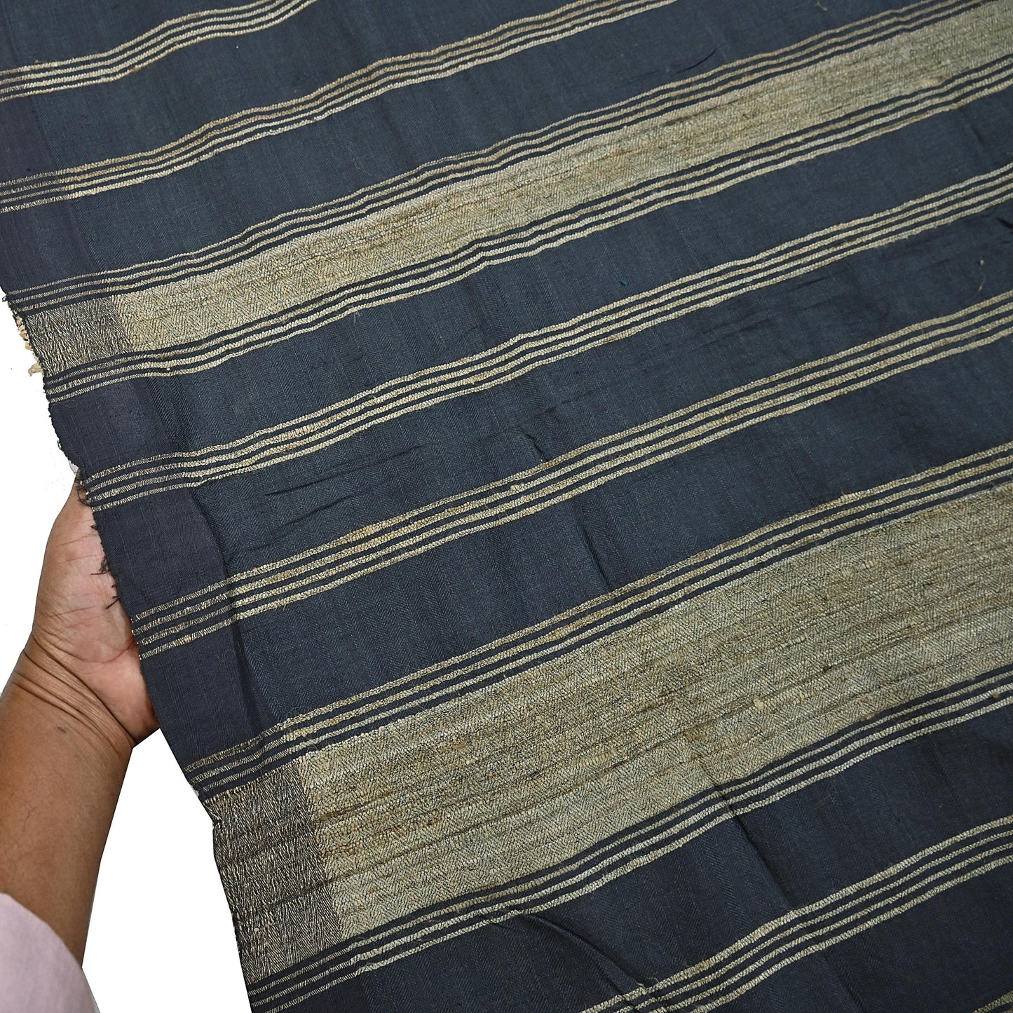 Indian Vintage Heavy Sari Beige & Black Pure Khadi Silk Handloom Saree Craft Fabric 5yd Ethnic Wear Dress making For Crafting Quilting