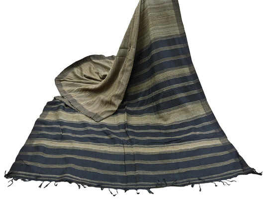 Indian Vintage Heavy Sari Beige & Black Pure Khadi Silk Handloom Saree Craft Fabric 5yd Ethnic Wear Dress making For Crafting Quilting