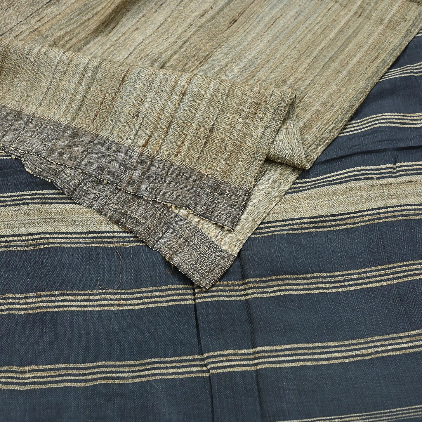 Indian Vintage Heavy Sari Beige & Black Pure Khadi Silk Handloom Saree Craft Fabric 5yd Ethnic Wear Dress making For Crafting Quilting