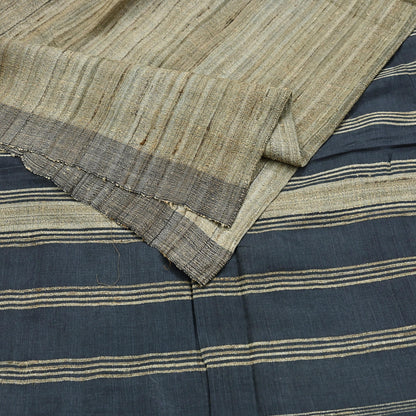 Indian Vintage Heavy Sari Beige & Black Pure Khadi Silk Handloom Saree Craft Fabric 5yd Ethnic Wear Dress making For Crafting Quilting