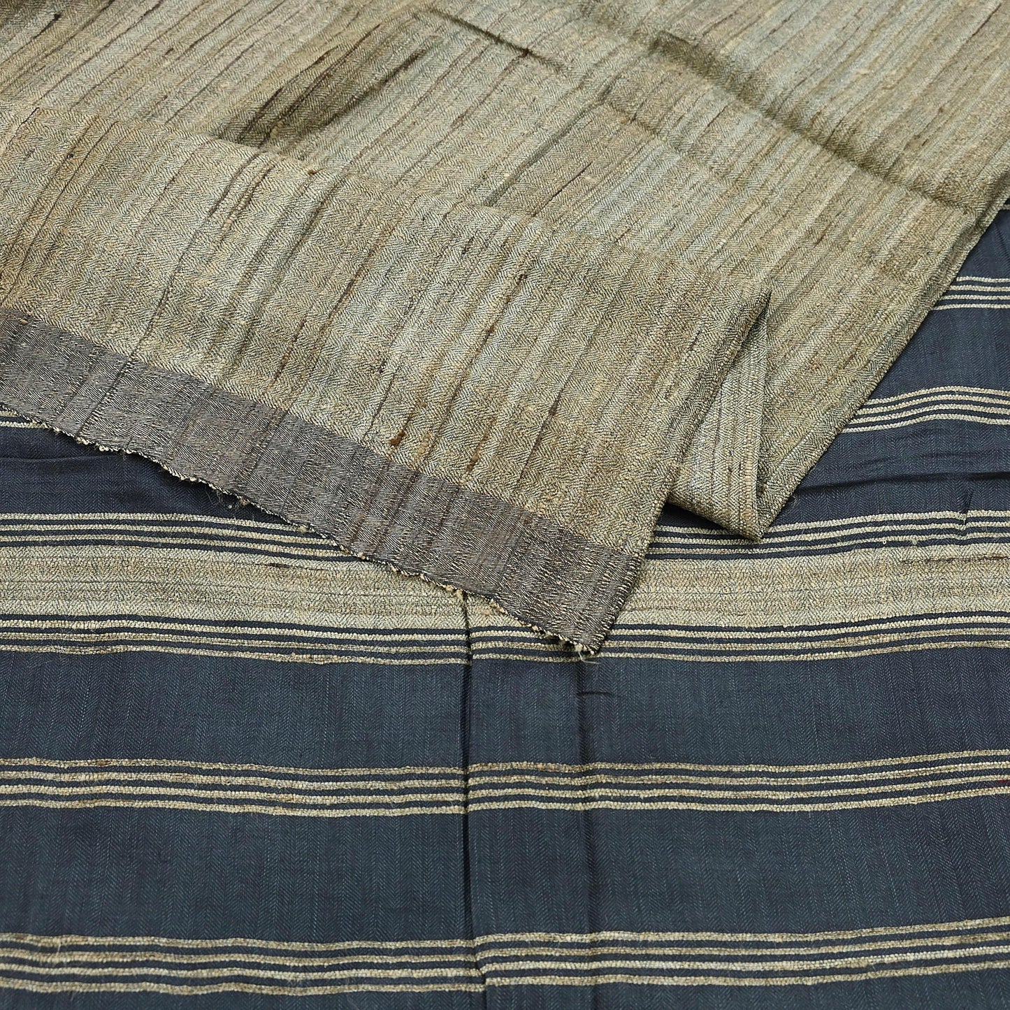 Indian Vintage Heavy Sari Beige & Black Pure Khadi Silk Handloom Saree Craft Fabric 5yd Ethnic Wear Dress making For Crafting Quilting
