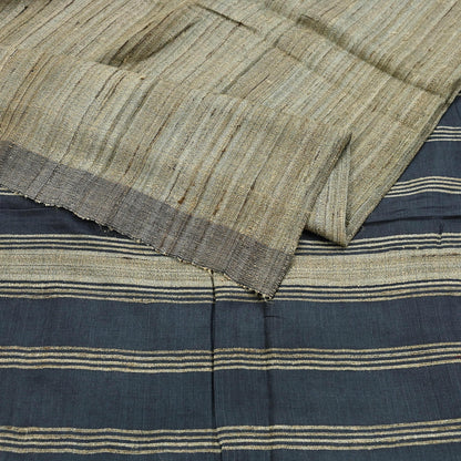 Indian Vintage Heavy Sari Beige & Black Pure Khadi Silk Handloom Saree Craft Fabric 5yd Ethnic Wear Dress making For Crafting Quilting