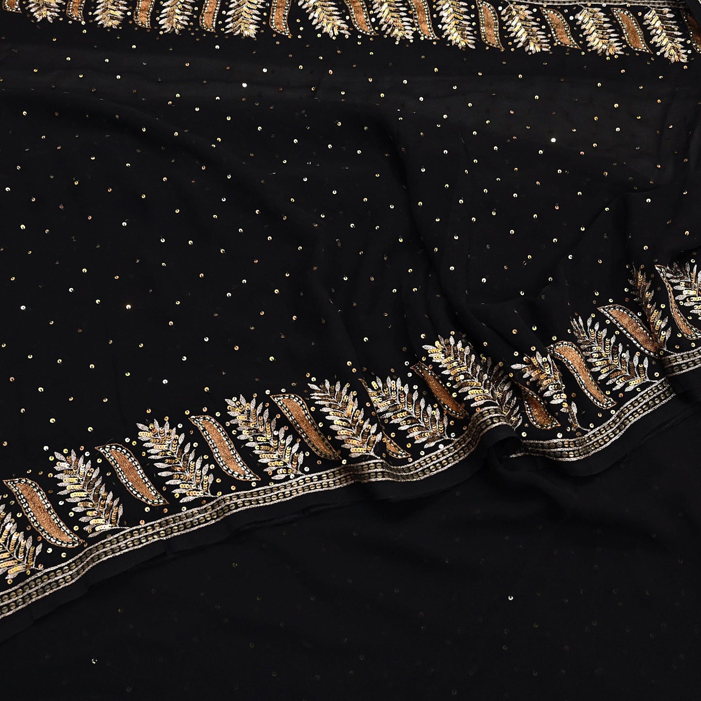Indian Vintage Heavy Sari Black Pure Georgette Silk Hand Beaded Sarees Craft Fabric 5Yd Sewing Soft Ethnic Wedding Dress making