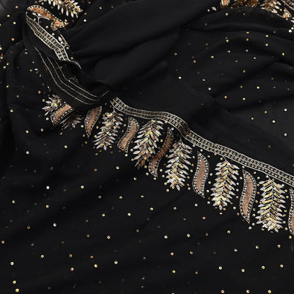 Indian Vintage Heavy Sari Black Pure Georgette Silk Hand Beaded Sarees Craft Fabric 5Yd Sewing Soft Ethnic Wedding Dress making