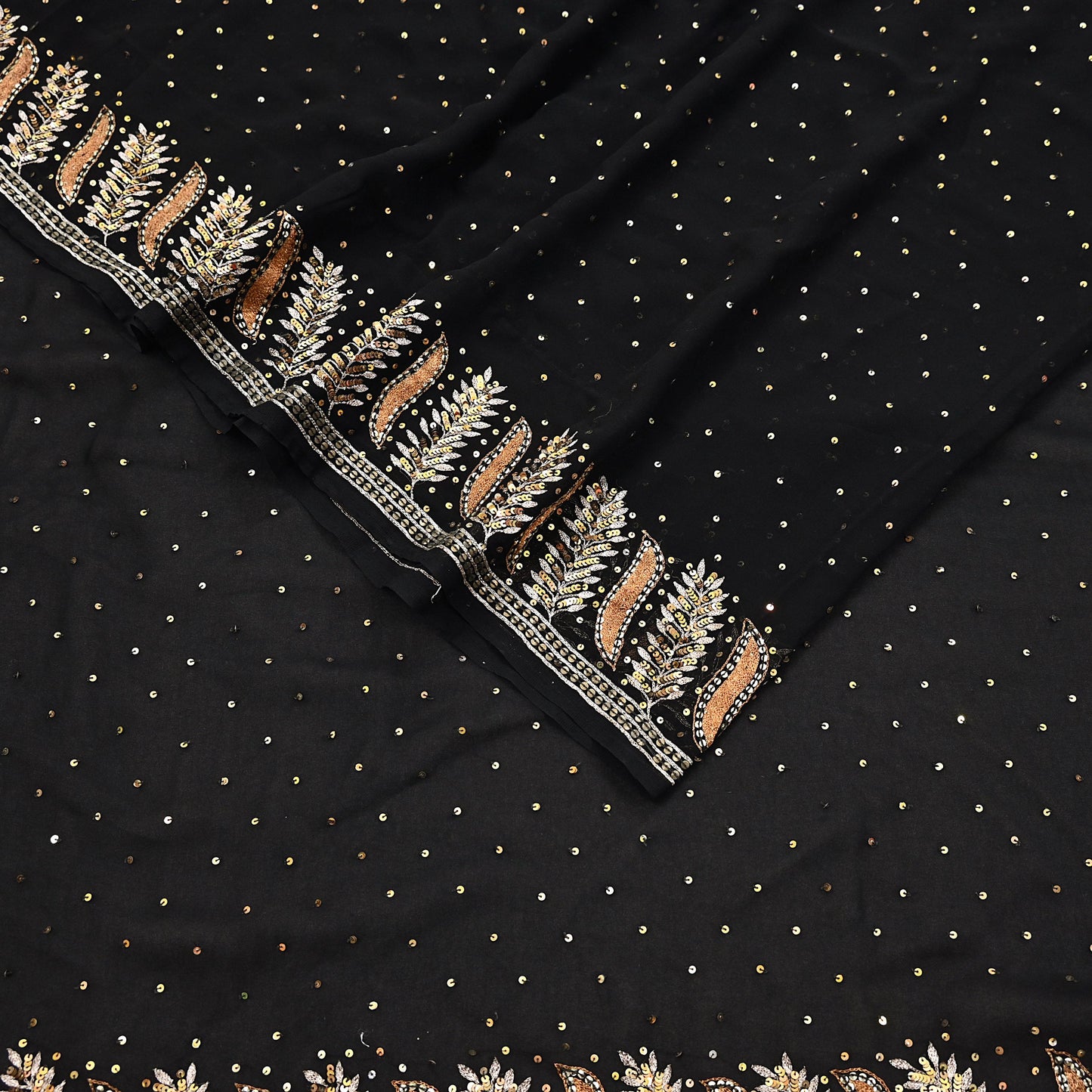 Indian Vintage Heavy Sari Black Pure Georgette Silk Hand Beaded Sarees Craft Fabric 5Yd Sewing Soft Ethnic Wedding Dress making