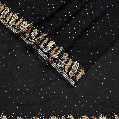 Indian Vintage Heavy Sari Black Pure Georgette Silk Hand Beaded Sarees Craft Fabric 5Yd Sewing Soft Ethnic Wedding Dress making